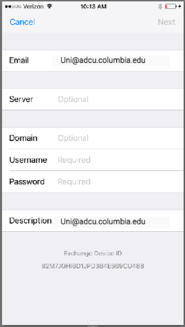 Email screen with field filled in