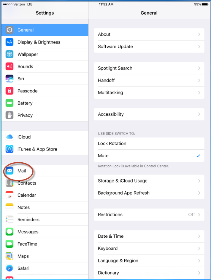 Settings screen, Mail option circled
