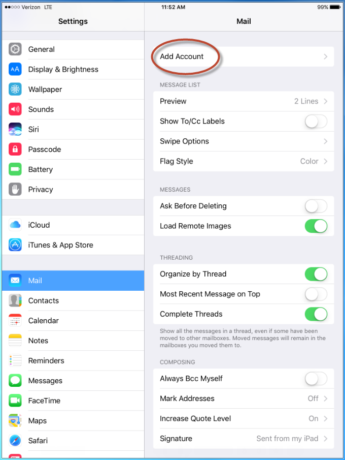 Mail screen, Add Account option circled