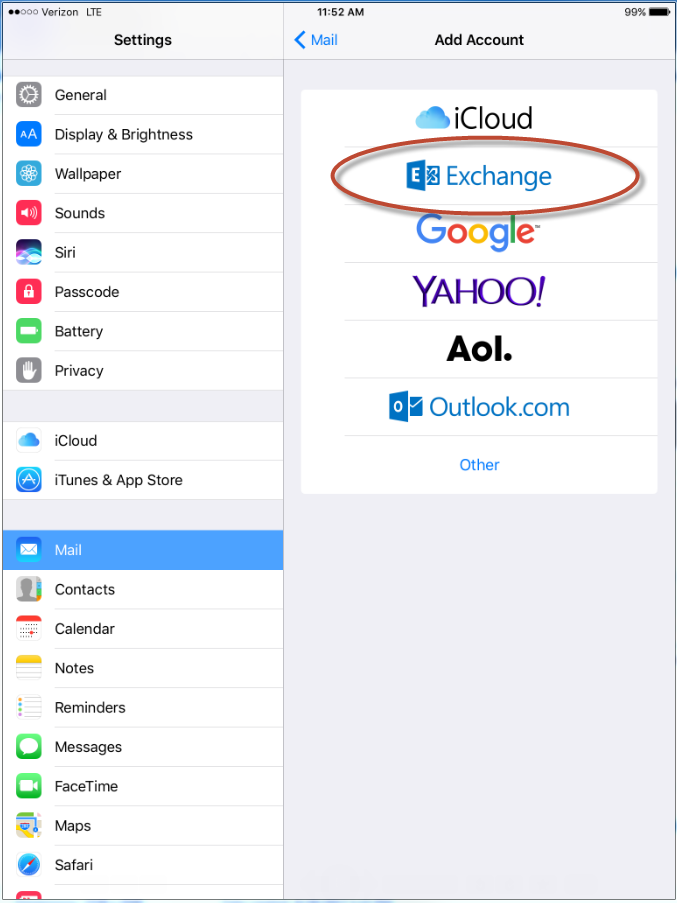 Add Account screen, Exchange option circled