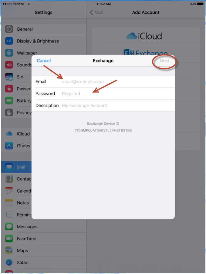 Pop-up with Email and Password fields highlighted, Next button circled