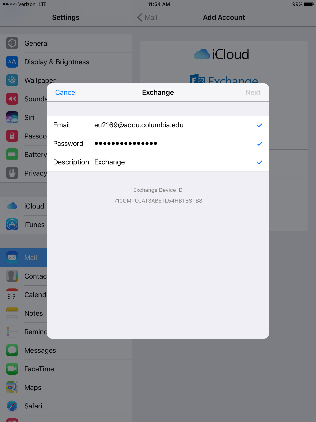 Checkmarks in window next to Email, Password and Description fields