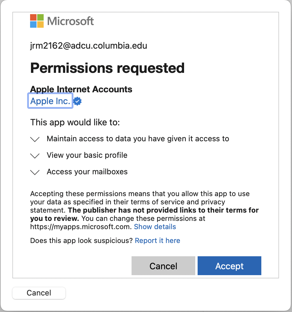 Allow Microsoft permissions that grants access using Apple Mail app