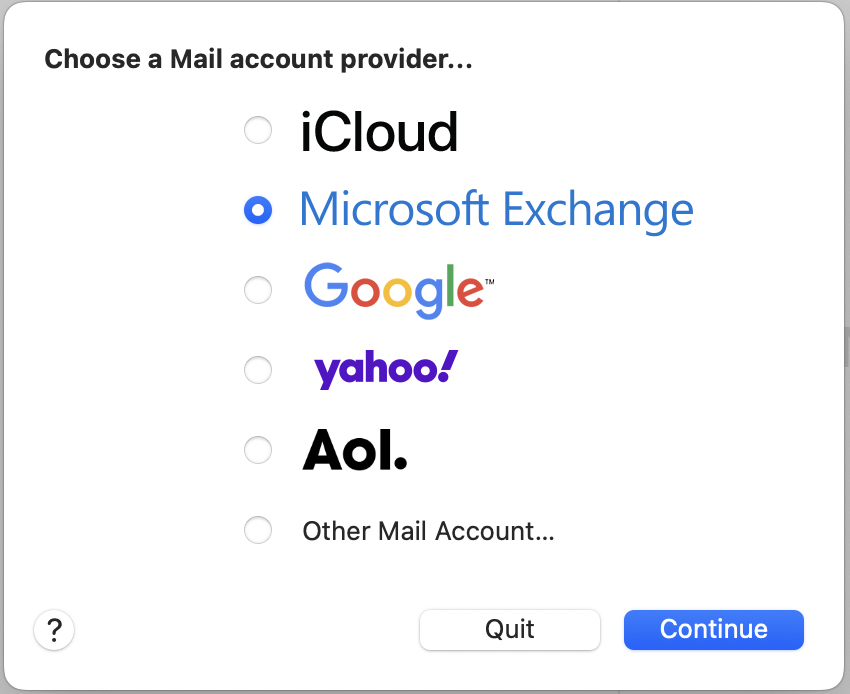 1. Open Apple Mail application, select Exchange and click Continue