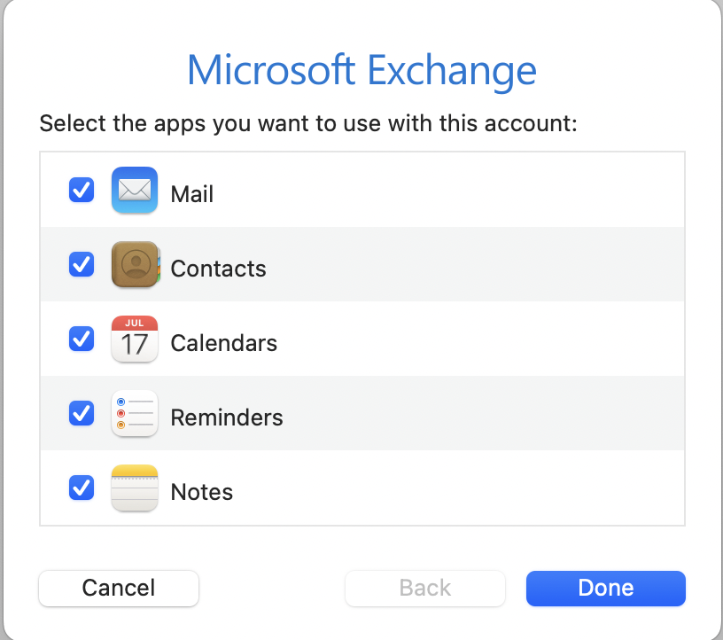 A selectable list of features you can use with your Microsoft Exchange account
