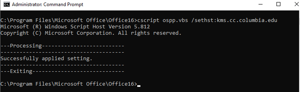 Command Prompt window with commands entered: cd "C:\Program Files\Microsoft Office\Office16" cscript ospp.vbs /sethst:kms.cc.columbia.edu cscript ospp.vbs /act