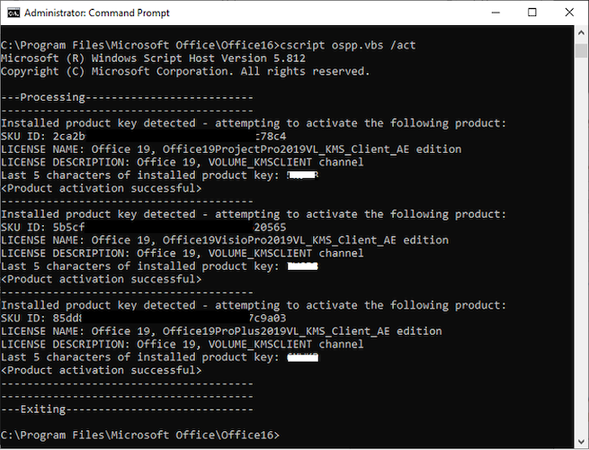 Image of Command Prompt window processing and activating Office