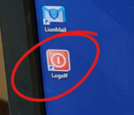 Log off icon on computer podium desktop