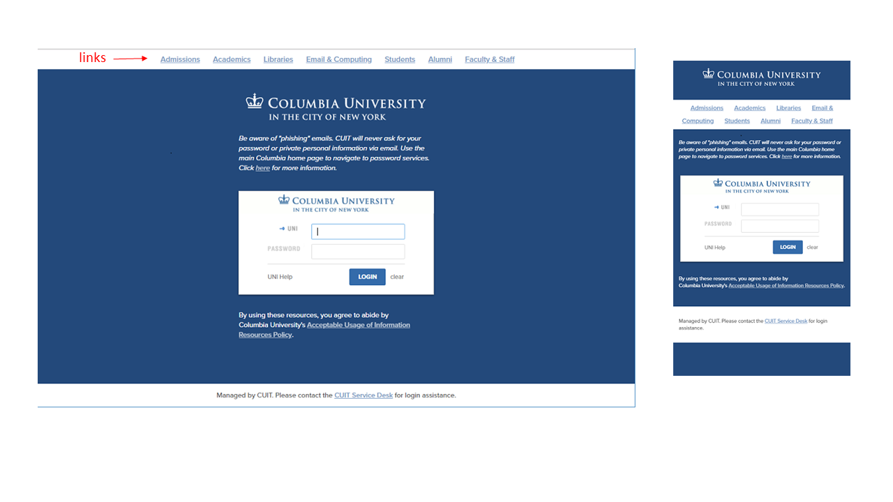CAS login page with default logo and Columbia links