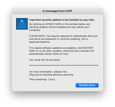 CUIT window "A message from CUIT" with "Restart Now" button