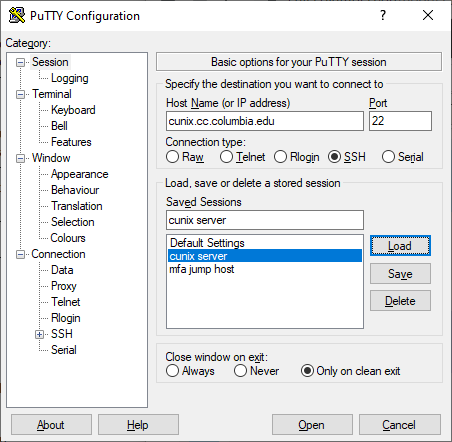 PuTTY configuration view.
