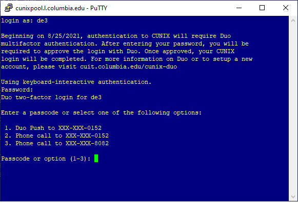 PuTTY view options for Duo MFA method