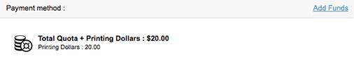 Payment method window in PawPrint Print Center with Add Funds link in upper right corner