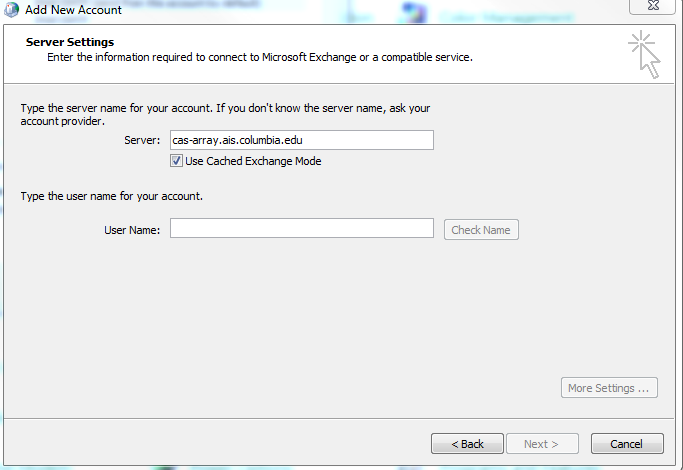 Add New Account Window, Server Settings with Server address entered