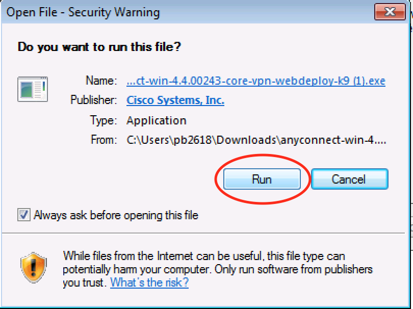 Do you want to run this file screenshot with the run button highlighted Click Run when asked "Do you want to run this screenshot?"