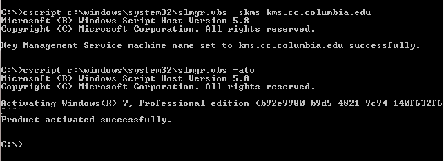 Windows 8 CMD prompt with the following commands entered:
cscript c:\windows\system32\slmgr.vbs -skms kms.cc.columbia.edu
cscript c:\windows\system32\slmgr.vbs -ato