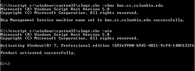 Windows 8 CMD prompt with the following commands entered: 
cscript c:\windows\system32\slmgr.vbs -skms kms.cc.columbia.edu
cscript c:\windows\system32\slmgr.vbs -ato