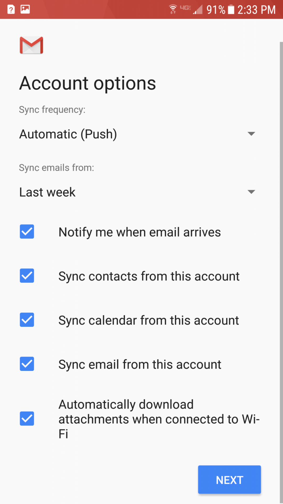 Account options screen