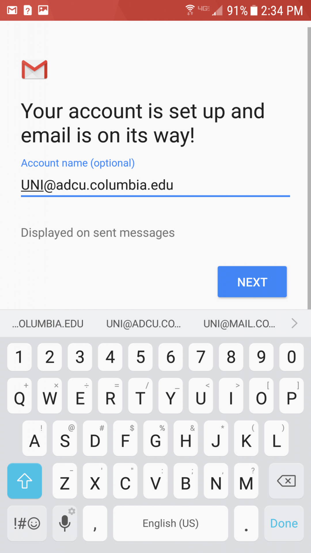 Your account is set up and email is on its way! screen