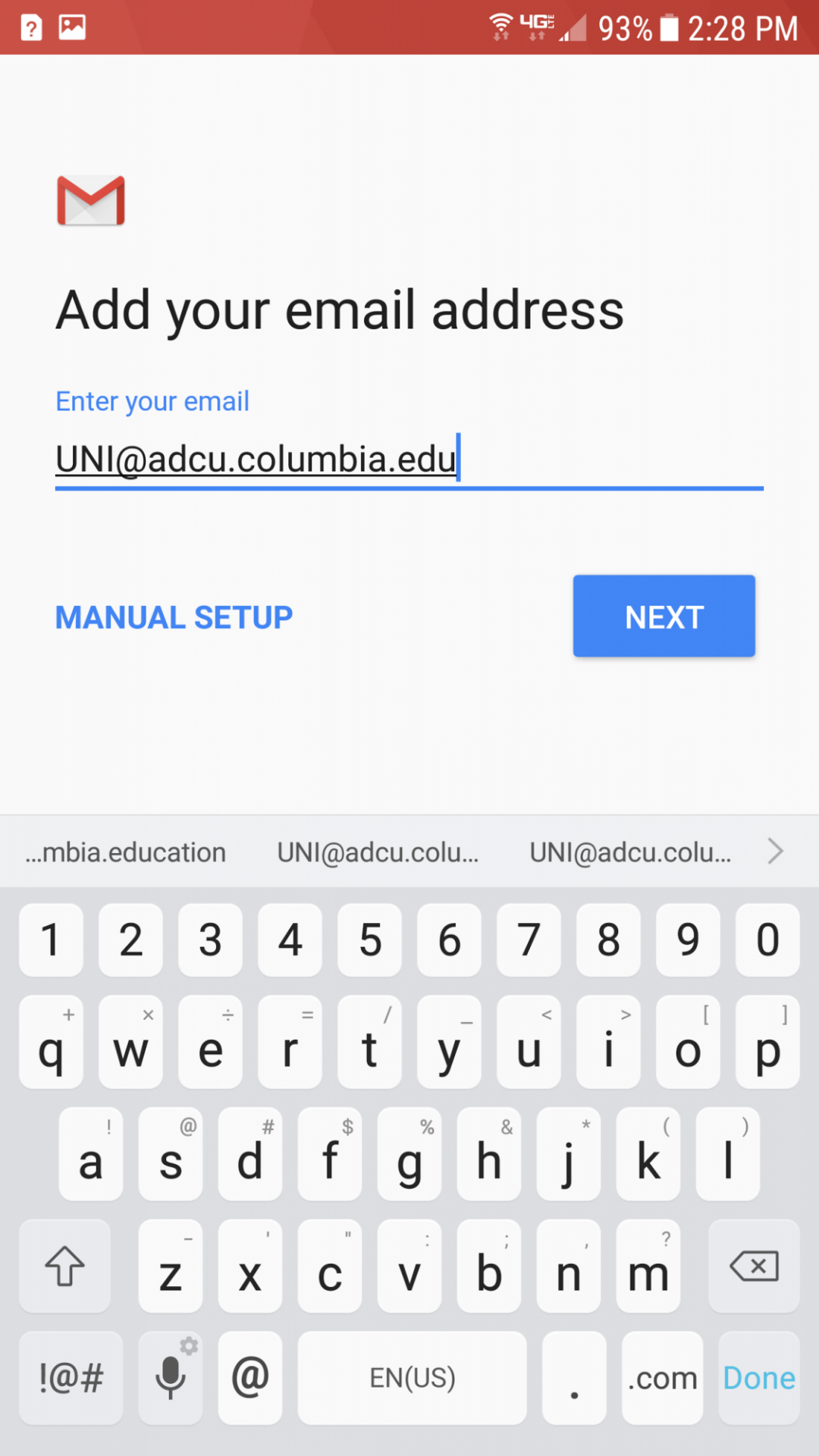 UNI@adcu.columbia.edu entered in email field