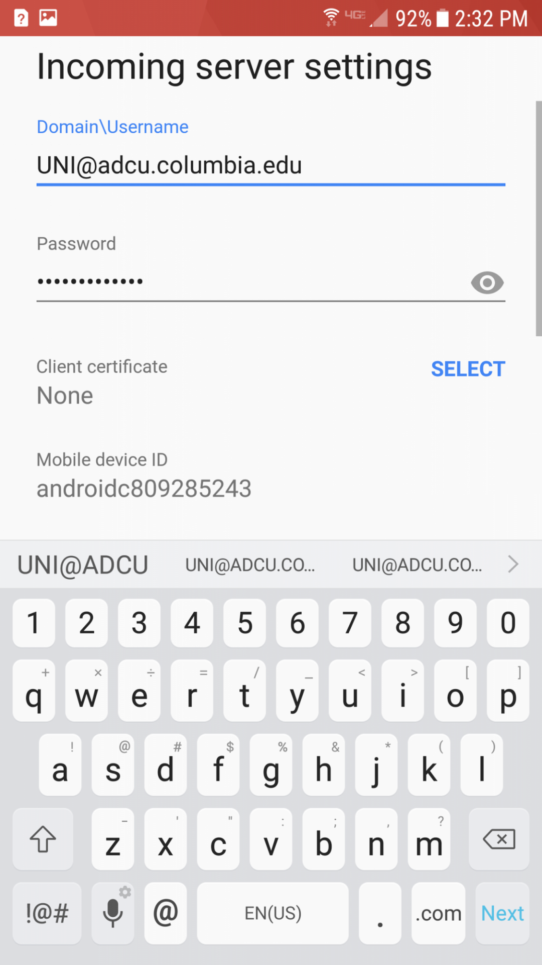 Incoming server settings screen with password entered