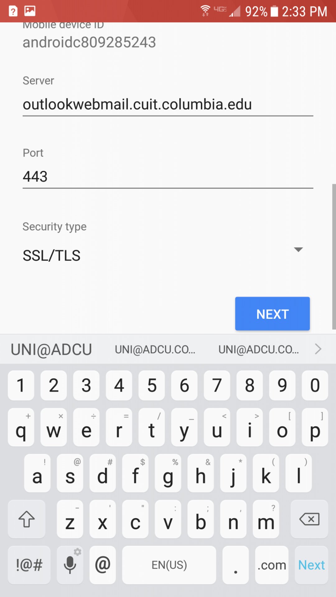 Next button on incoming server settings screen
