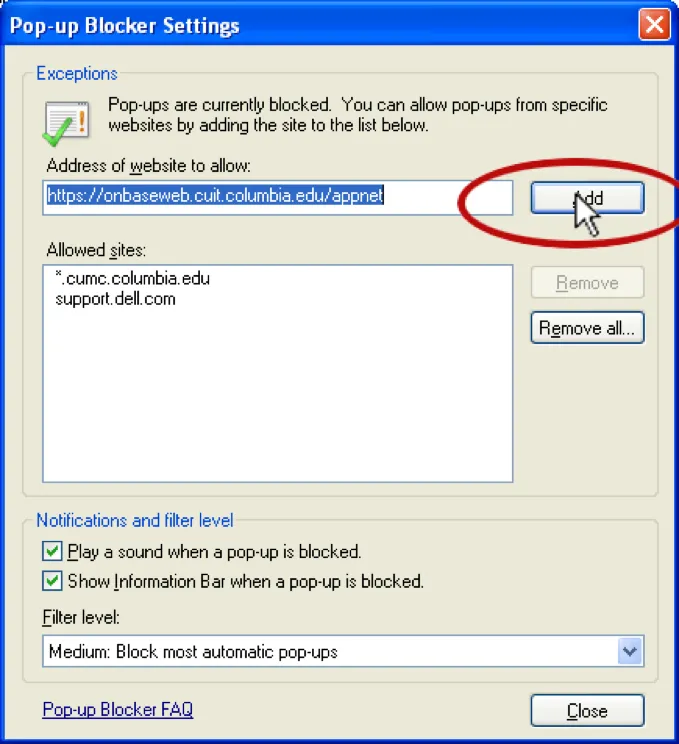 Step 5 Pop-Up Blocker allowed Screenshot