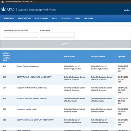 Academic Program Approval System (APAS) application screenshot
