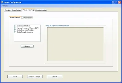 CUSpider screenshot of the Spider Configuration dialog box focusing on the Pattern Matching tab and the Built-in Patterns sub-tab
