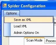 CUSpider screenshot focusing on the Save As XML pulldown menu item in the Options pulldown menu,