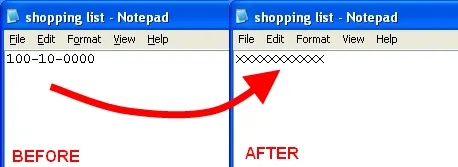 Two screenshots, side by side, captioned Before and After, of the same text file opened in Notepad to illustrate CUSpider's redaction function. The left screenshot shows a sample social security number. A super-imposed arrow points from the sample SSN to the second screenshot of the same file open, but the sample SSN has been replaced with all X's.