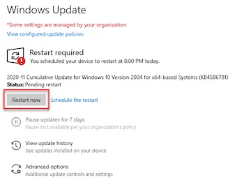 Image of the Windows Update window with "Restart now" button circled in red