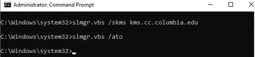 Command Prompt window with the following commands entered after C:\Windows\system32>slmgr.vbs /skms kms.cc.columbia.edu slmgr.vbs /ato