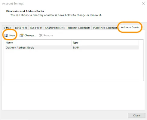 Image of Account Setting field with Address Books tab selected and circled in orange. New is also circled in orange.