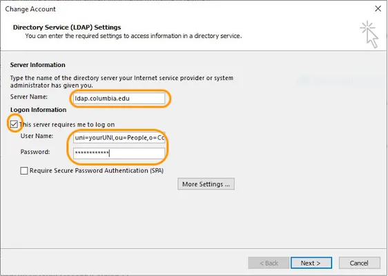 Change Account window with Directory Service (LDAP) Settings displayed. Orange circles surround ldap.columbia.edu as the Server Name, the checkbox in front of This server requires me to log on and the User Name and Password fields 