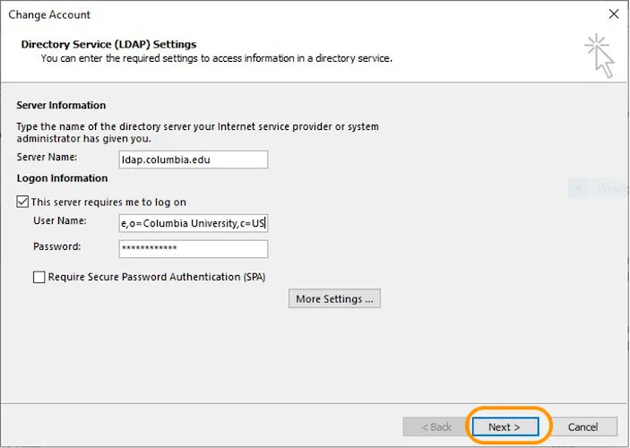 Change Account window with Next button circled