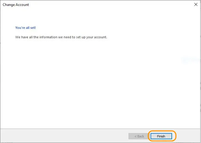Change Account window with Finish button circled