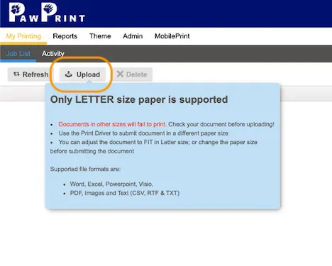 Click on the Upload button, and select the document(s) that you want to send to the print queue, up to 50 MB each.