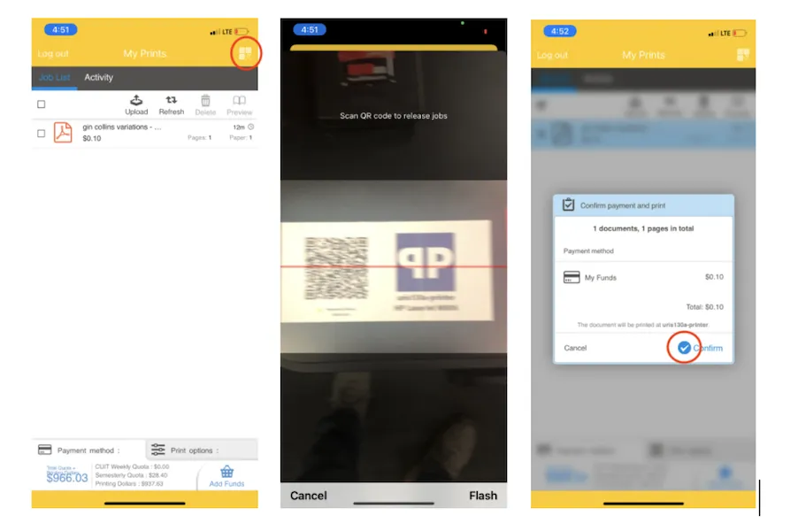 Open the PharosPrint app. Select the documents ("jobs") you want to release. If no selection is made, all jobs will be released. Tap on the QR icon on the top right corner of the screen. Scan the QR code affixed to the printer. Tap Confirm. The documents will be released Collect your documents at the printer connected to the PawPrint station.