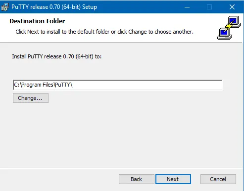 Typically, install PuTTY to default destination C:\Program Files\PuTTY\