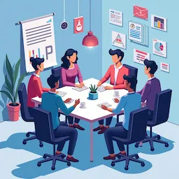 Decorative image of animated group of workers sitting around a table with walls covered in graphs and charts