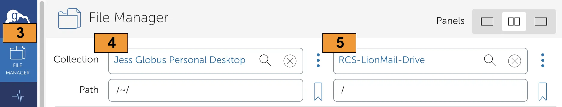 Globus File Manager screen with Personal Collection and RCS-LionMail-Drive collections entered as endpoints