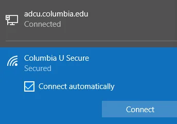 Columbia U Secure network option on list of network options