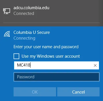 Columbia U Secure option on network menu with user name and password fields