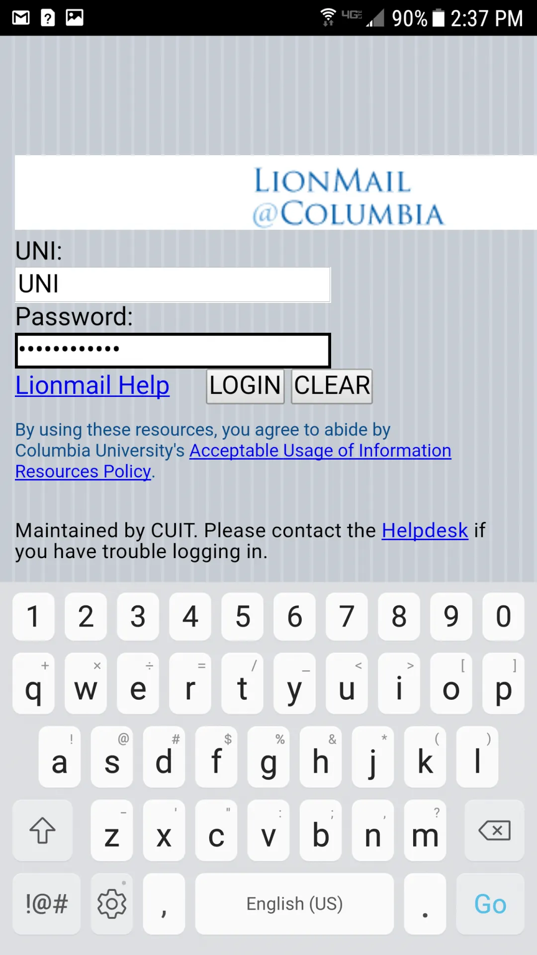 LionMail@Columbia page with UNI and password completed