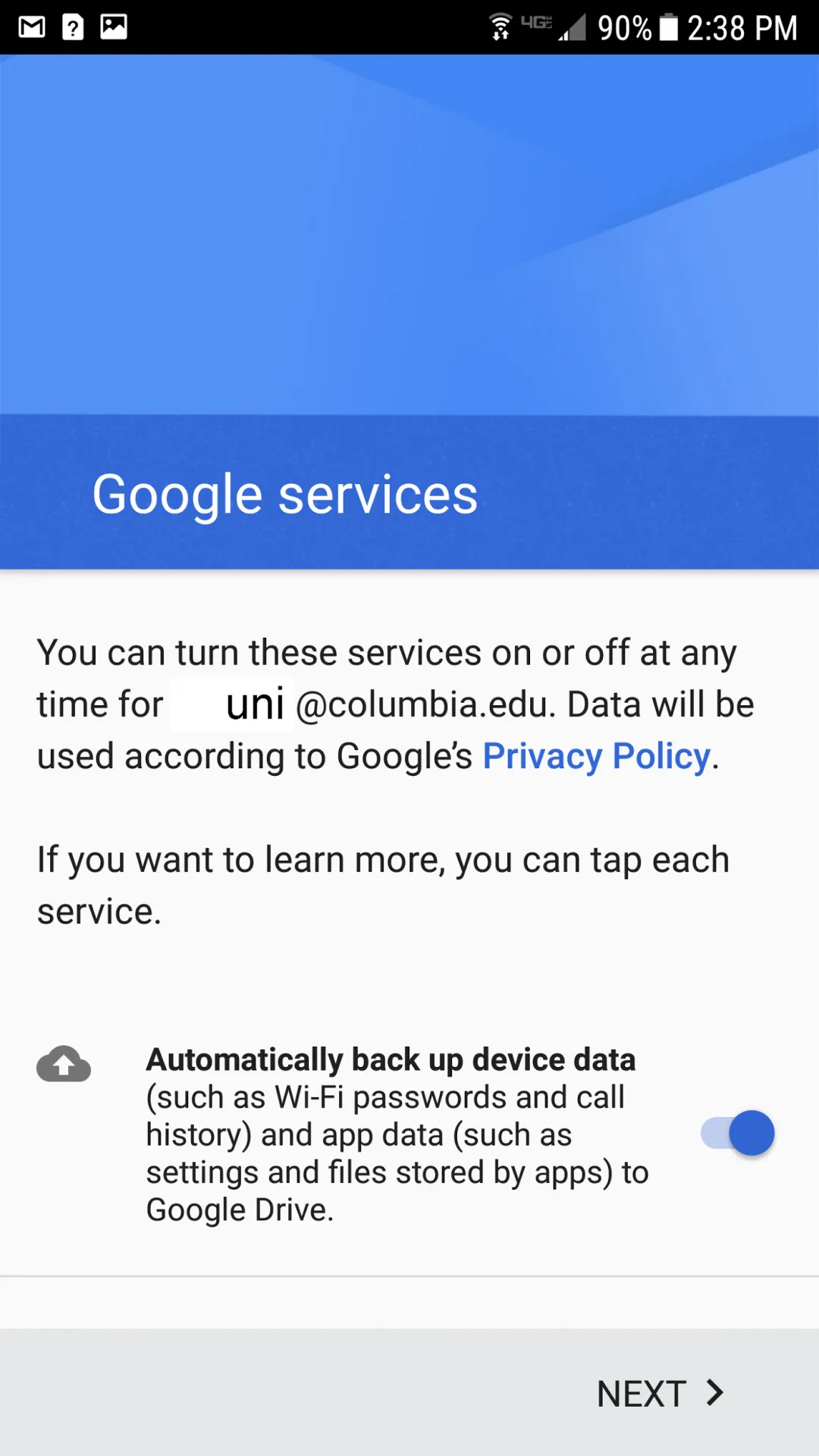 Google services screen for selecting back up preference