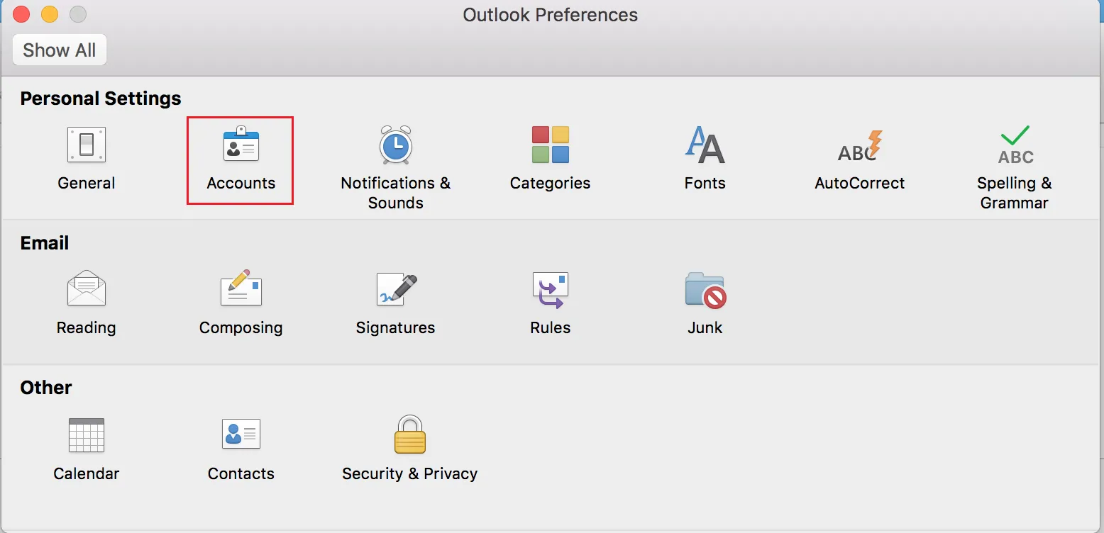 Outlook Preferences, Accounts icon circled