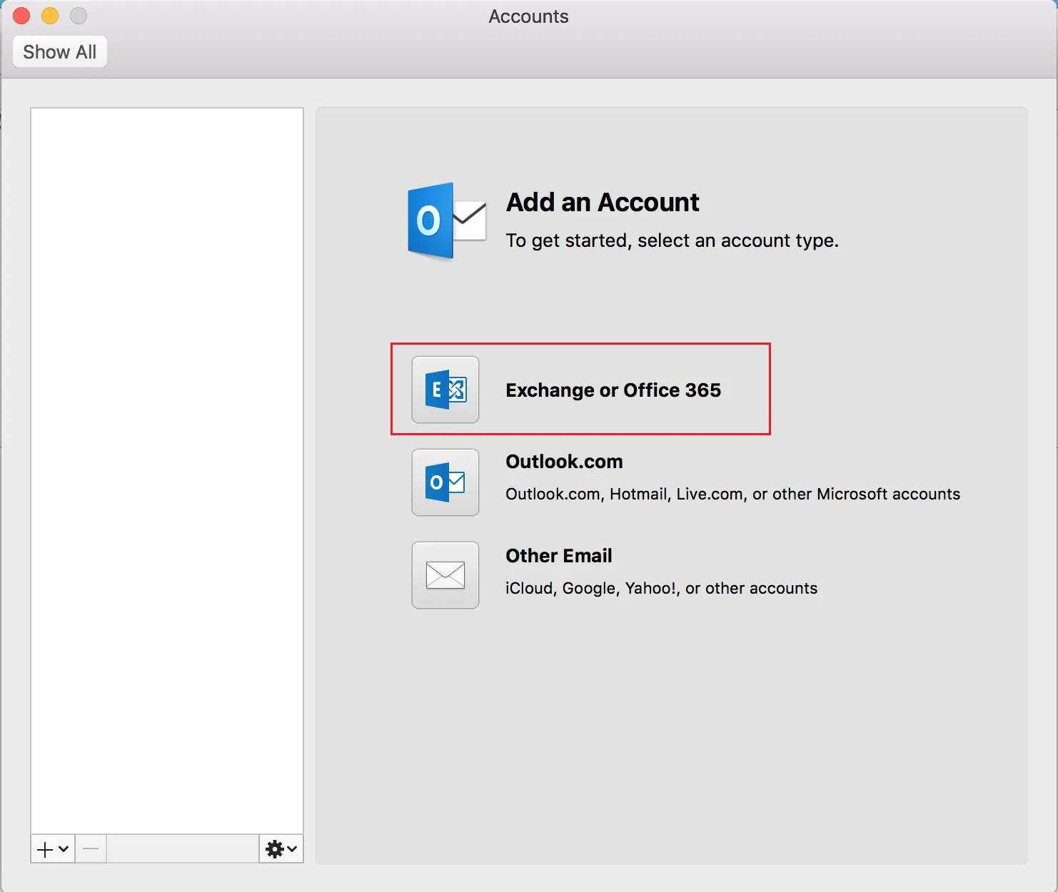 Accounts window with Exchange or Office 365 option circled