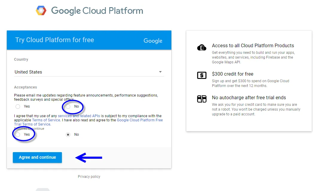 Try Cloud Platform for free window with No, then Yes, circled