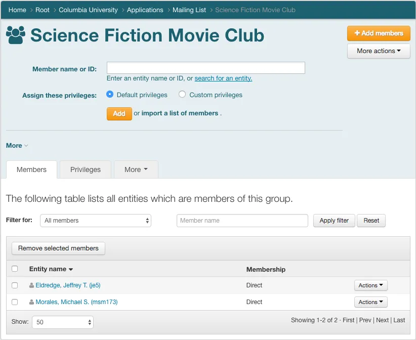To add a UNI as group member click the "Add Members" button in the upper right corner screenshot.